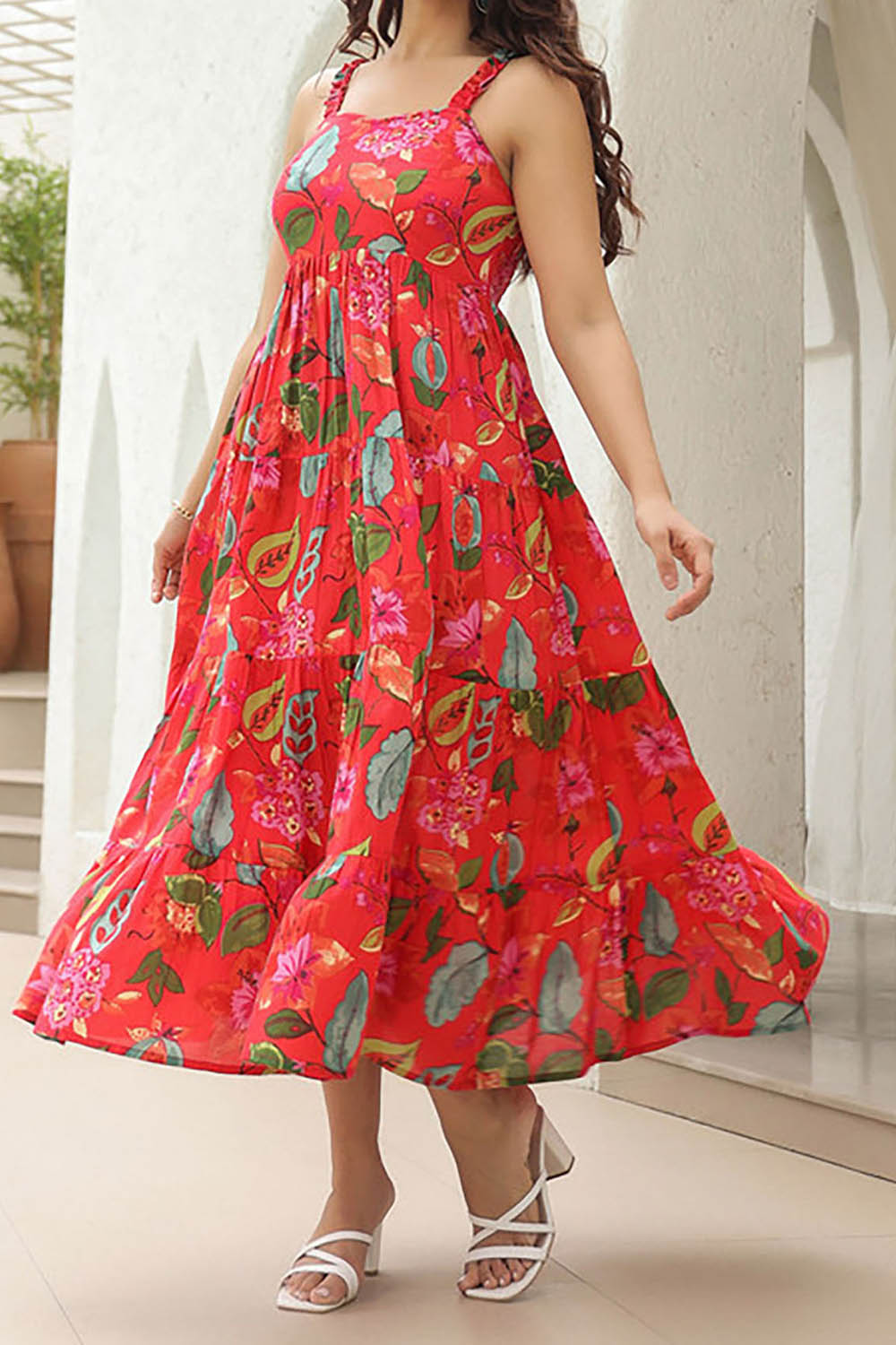 Multi FLoral  Printed Square Neck A-Line Ethnic Dresses