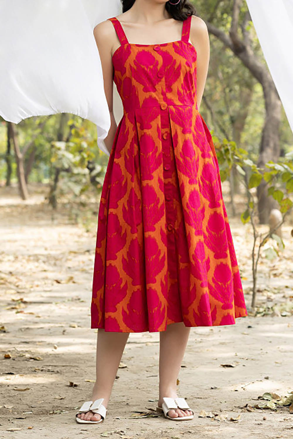 Red Lovely Printed Square Neck A-Line Ethnic Dresses