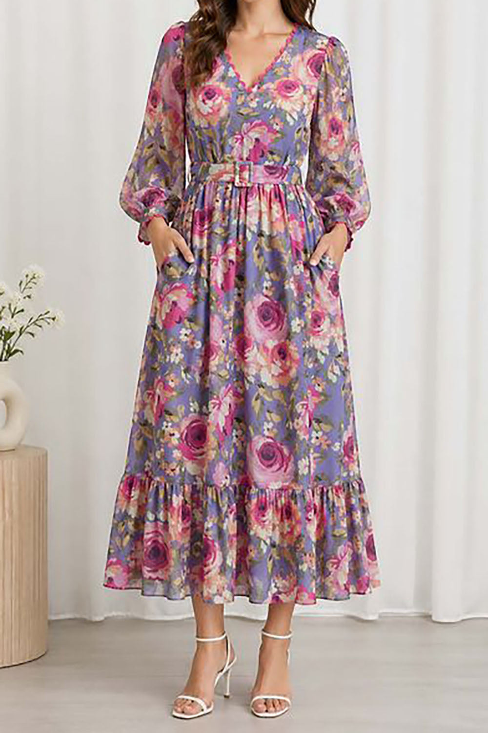 Purple Printed Tie-Up Neck Empire Ethnic Dress