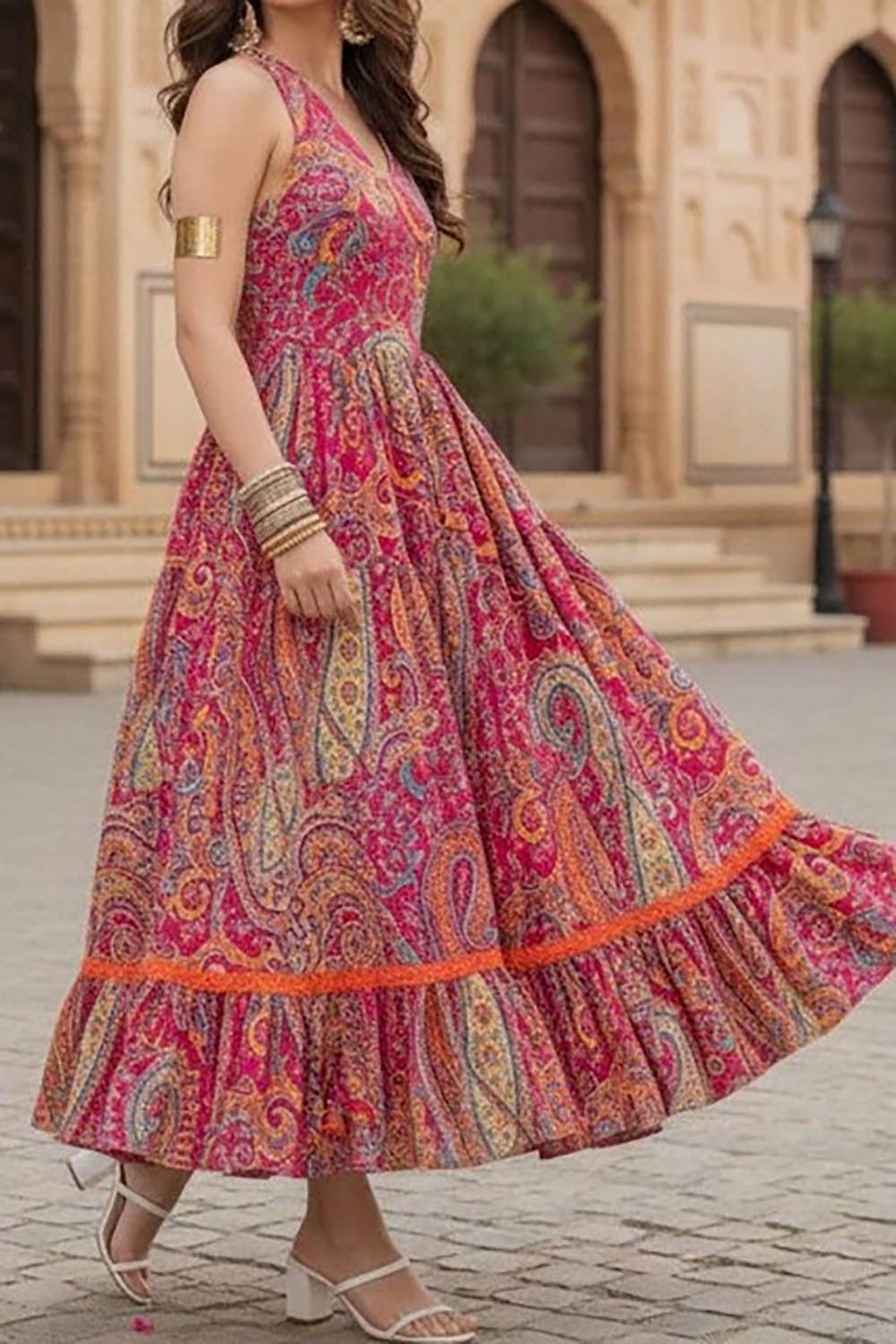 Pink Alluring Printed Square Neck A-Line Ethnic Dresses