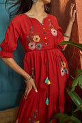 Red Stylish Printed Square Neck A-Line Ethnic Dresses (Copy)