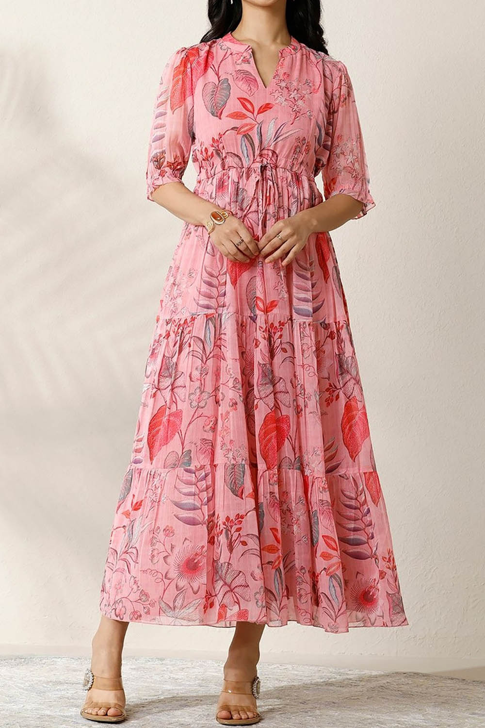 Pink Stylish Printed Square Neck A-Line Ethnic Dresses