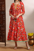 Red Floral Printed  Neck Empire Ethnic Dress