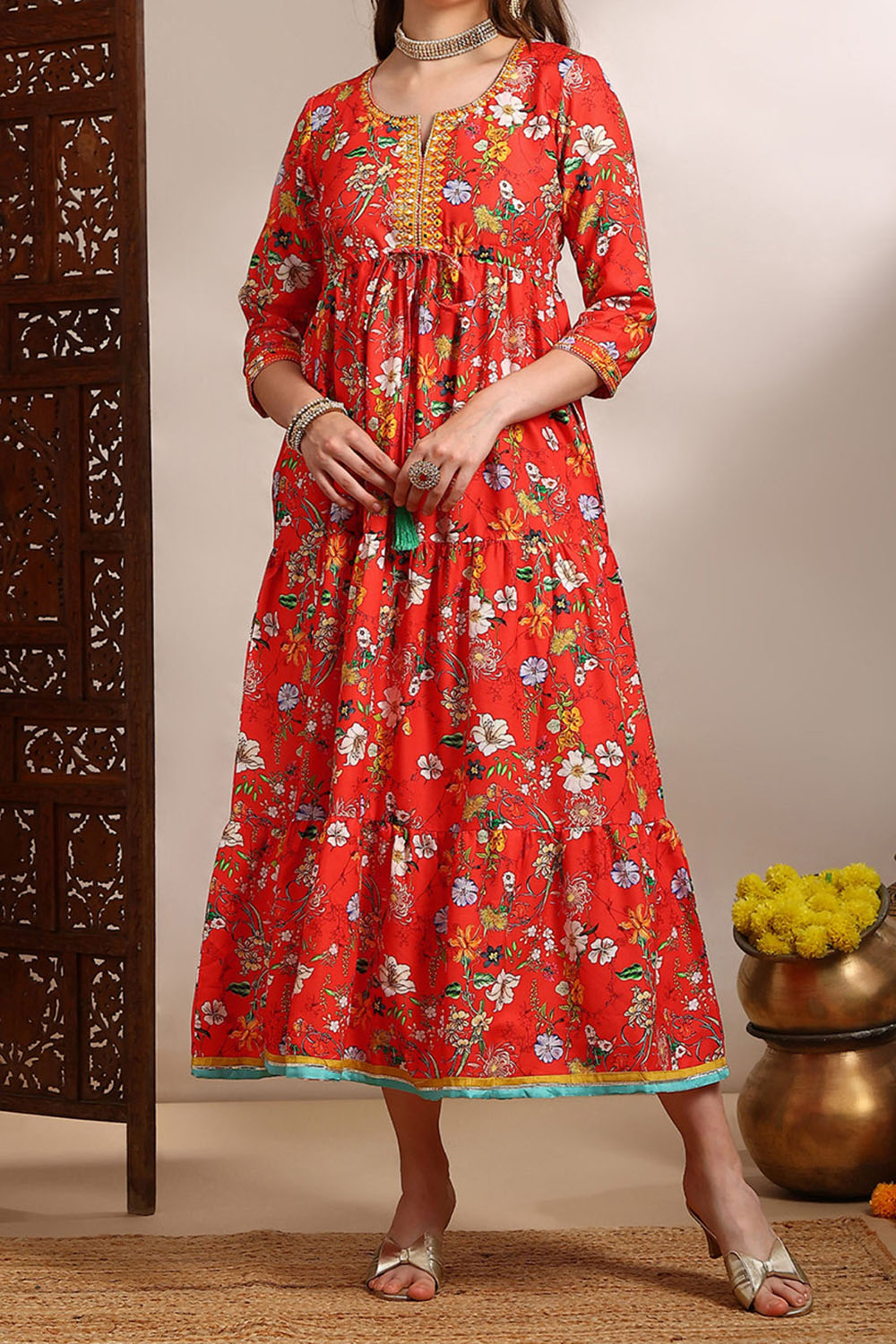 Red Floral Printed  Neck Empire Ethnic Dress