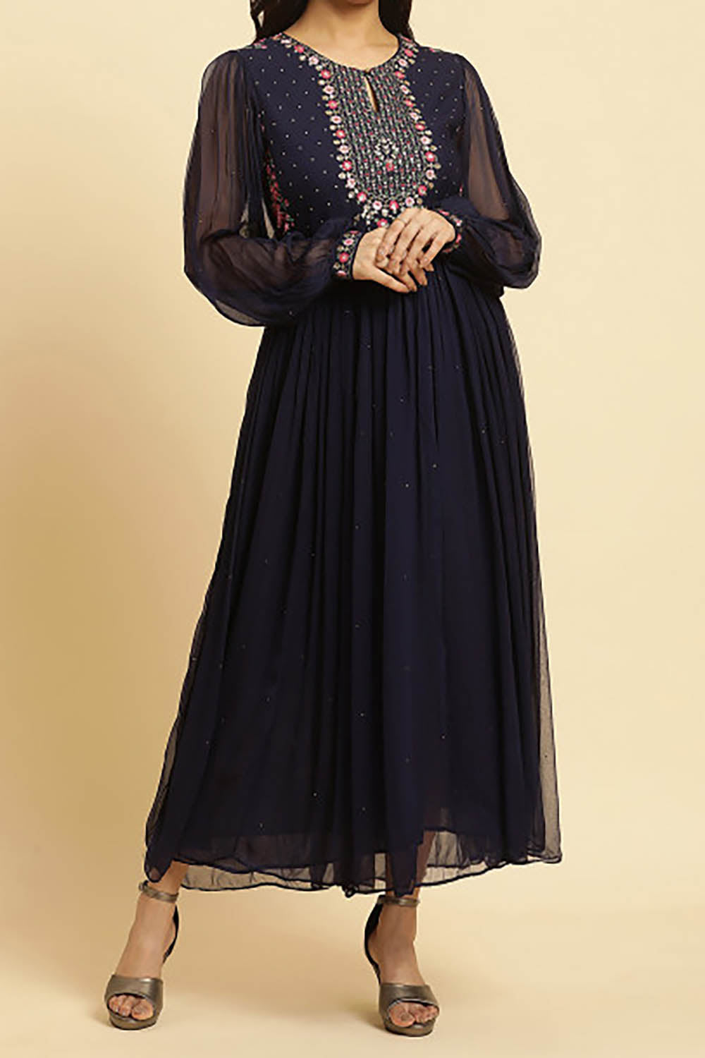 Navy Printed Square Neck A-Line Ethnic Dresses